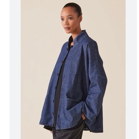 Eskandar Tops - Eskandar Dark Blue Linen Button Down Shirt Jacket Size 1